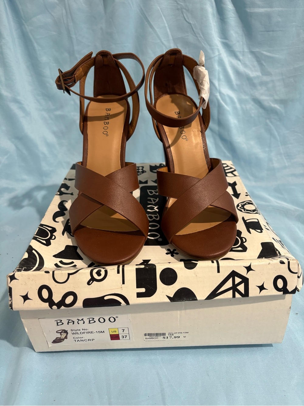 BAMBOO Brown Crisscross Ankle-Strap Block Heels